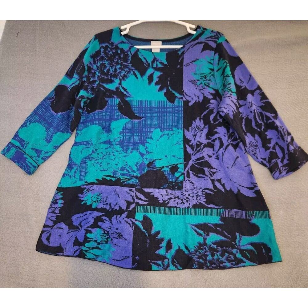 Chico's Floral Round Neck Pullover Sweater Jacquard Blue Purple Knit Sz 2 Large